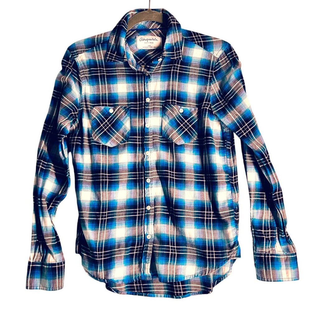 Aeropostale Plain Cotton Shirt M Plaid Snap Front Western Long Sleeve